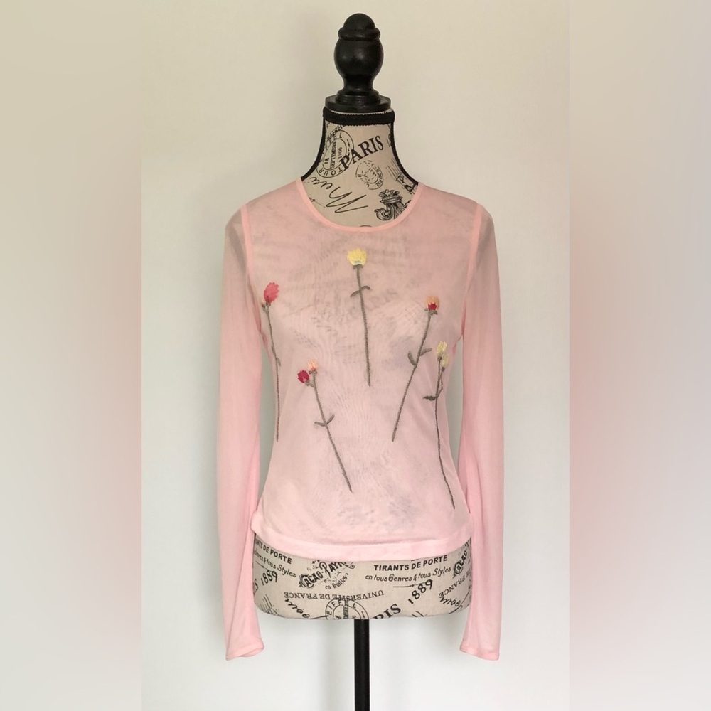 Women's Diva Long Sleeve Sheer Top Pink with Embroidered Flowers Size Medium